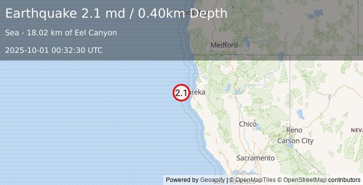 Earthquake OFFSHORE NORTHERN CALIFORNIA (2.1 md) (2025-10-01 00:32:30 UTC)