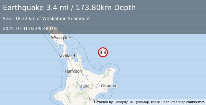 Earthquake OFF E. COAST OF N. ISLAND, N.Z. (3.4 ml) (2025-10-01 02:09:48 UTC)