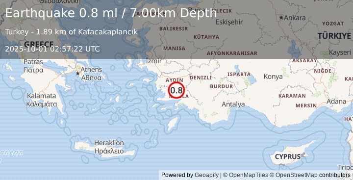 Earthquake WESTERN TURKEY (0.8 ml) (2025-10-01 02:57:22 UTC)