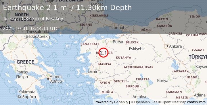 Earthquake WESTERN TURKEY (2.0 ml) (2025-10-01 03:44:12 UTC)