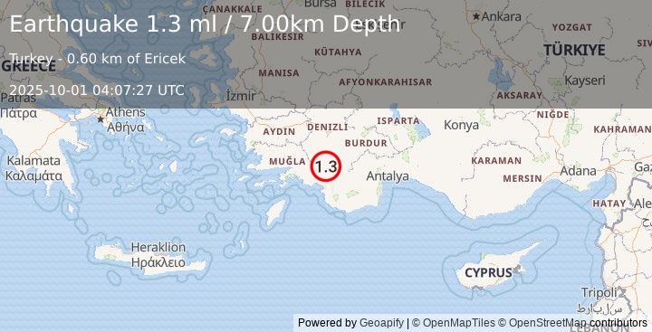 Earthquake WESTERN TURKEY (1.3 ml) (2025-10-01 04:07:27 UTC)