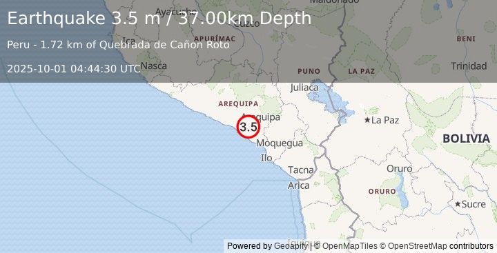 Earthquake SOUTHERN PERU (3.5 m) (2025-10-01 04:44:30 UTC)