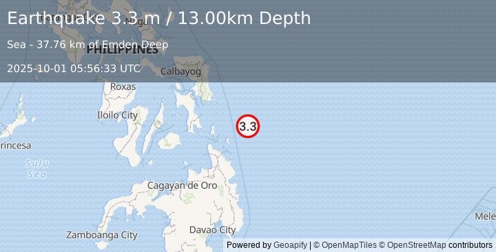 Earthquake PHILIPPINE ISLANDS REGION (3.3 m) (2025-10-01 05:56:33 UTC)