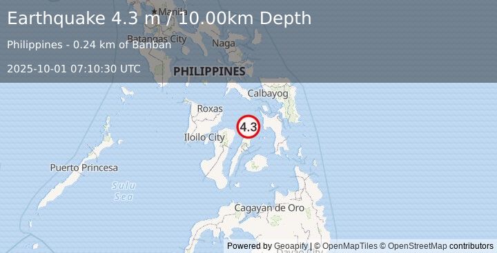 Earthquake VISAYAN SEA, PHILIPPINES (4.3 m) (2025-10-01 07:10:30 UTC)