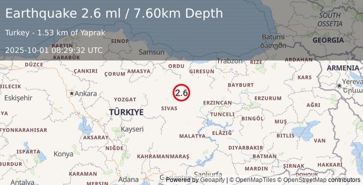 Earthquake CENTRAL TURKEY (2.6 ml) (2025-10-01 08:29:32 UTC)