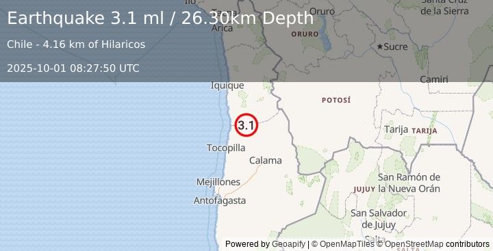 Earthquake TARAPACA, CHILE (3.1 ml) (2025-10-01 08:27:50 UTC)