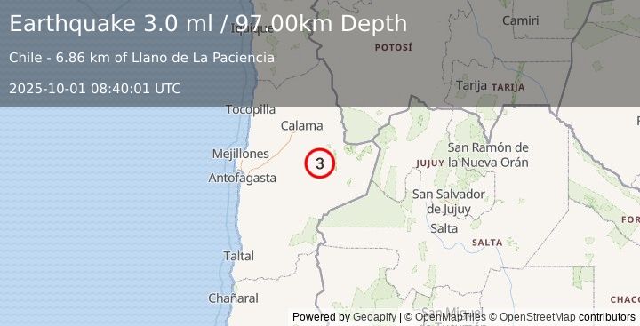 Earthquake ANTOFAGASTA, CHILE (3.0 ml) (2025-10-01 08:40:00 UTC)