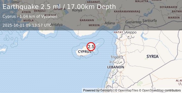 Earthquake CYPRUS REGION (2.5 ml) (2025-10-01 09:13:57 UTC)