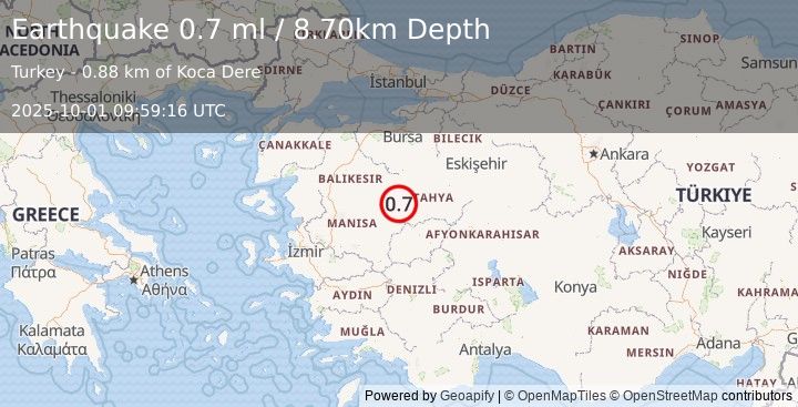 Earthquake WESTERN TURKEY (0.7 ml) (2025-10-01 09:59:16 UTC)