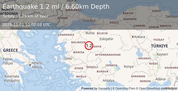 Earthquake WESTERN TURKEY (1.2 ml) (2025-10-01 10:02:08 UTC)