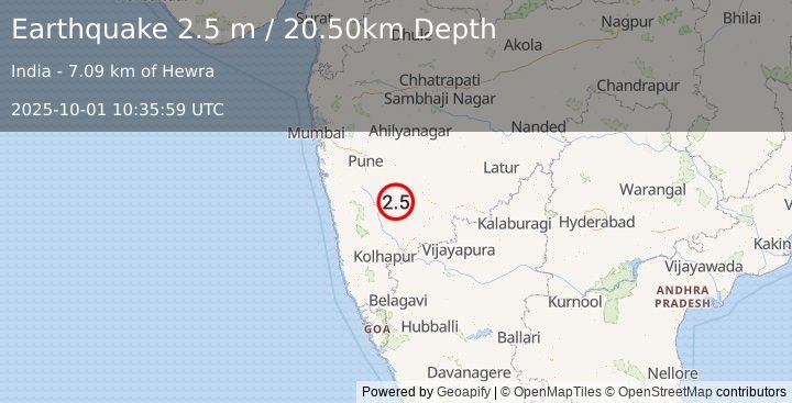 Earthquake MAHARASHTRA, INDIA (2.8 m) (2025-10-01 10:35:58 UTC)