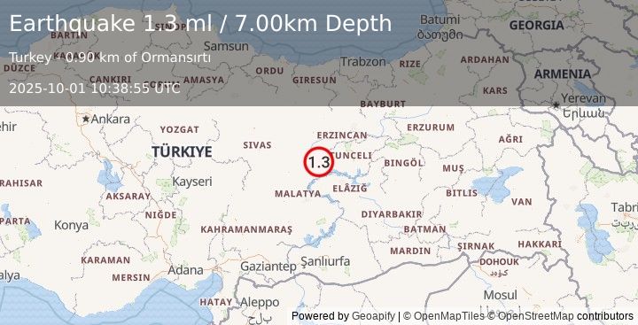 Earthquake EASTERN TURKEY (1.3 ml) (2025-10-01 10:38:55 UTC)