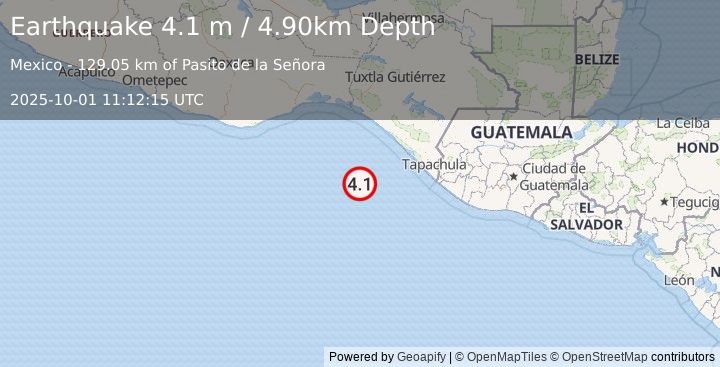Earthquake OFF COAST OF CHIAPAS, MEXICO (4.1 m) (2025-10-01 11:12:15 UTC)