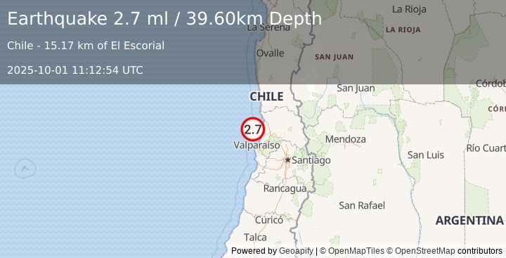 Earthquake OFFSHORE VALPARAISO, CHILE (2.7 ml) (2025-10-01 11:12:54 UTC)