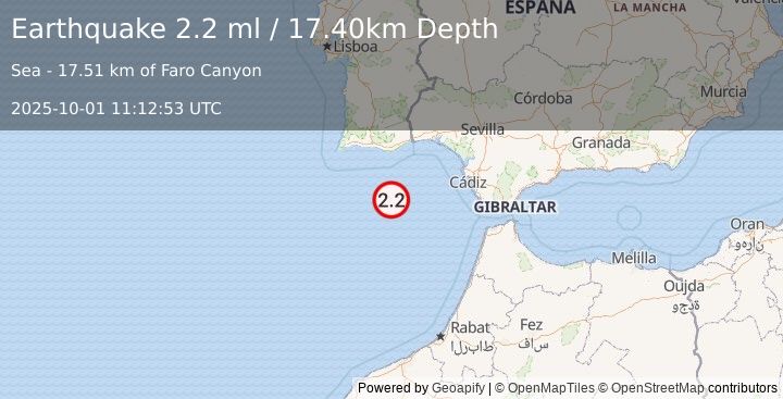 Earthquake STRAIT OF GIBRALTAR (2.2 ml) (2025-10-01 11:12:53 UTC)