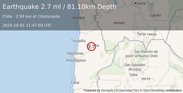 Earthquake ANTOFAGASTA, CHILE (2.7 ml) (2025-10-01 11:47:59 UTC)