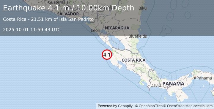 Earthquake NEAR COAST OF NICARAGUA (4.9 mw) (2025-10-01 11:59:31 UTC)