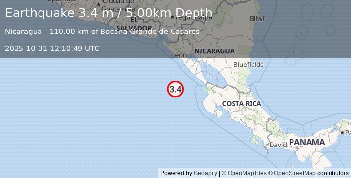 Earthquake OFF COAST OF COSTA RICA (3.7 m) (2025-10-01 12:10:48 UTC)