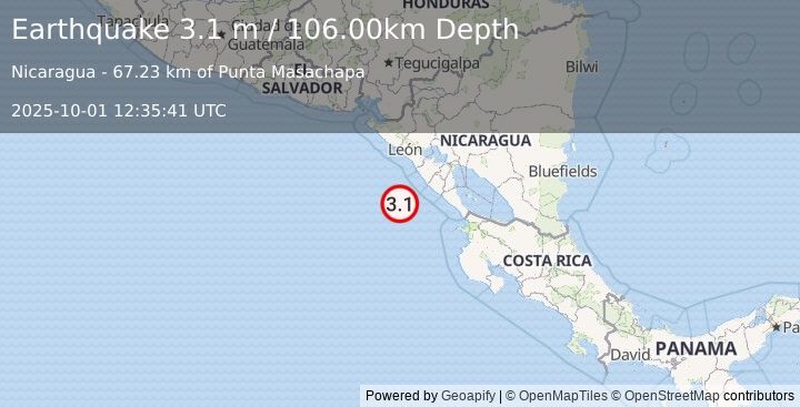 Earthquake NEAR COAST OF NICARAGUA (3.1 m) (2025-10-01 12:35:41 UTC)