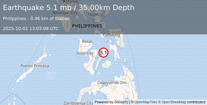 Earthquake NEGROS- CEBU REG, PHILIPPINES (5.1 mb) (2025-10-01 13:03:08 UTC)