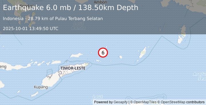 Earthquake KEPULAUAN BARAT DAYA, INDONESIA (5.6 mw) (2025-10-01 13:49:49 UTC)