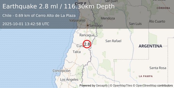 Earthquake LIBERTADOR O'HIGGINS, CHILE (2.8 ml) (2025-10-01 13:42:58 UTC)