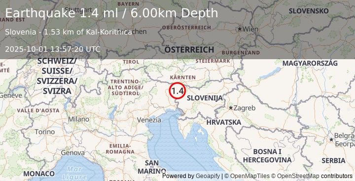 Earthquake SLOVENIA (1.4 ml) (2025-10-01 13:57:20 UTC)