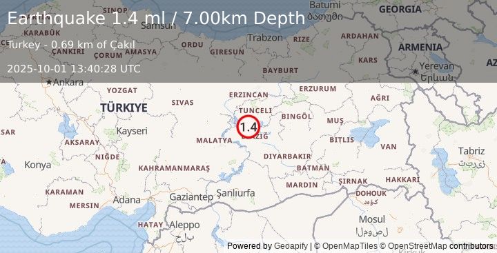Earthquake EASTERN TURKEY (1.4 ml) (2025-10-01 13:40:28 UTC)