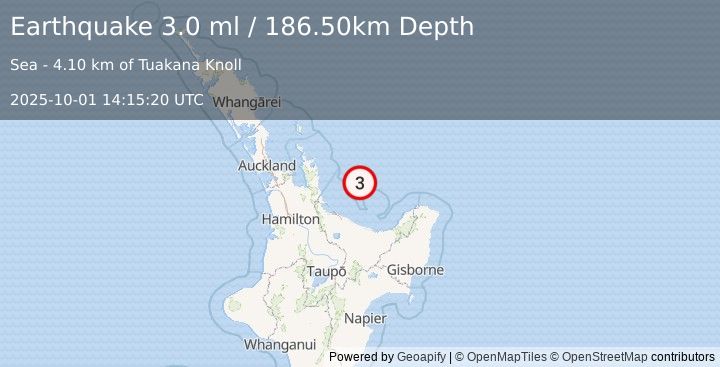 Earthquake NORTH ISLAND OF NEW ZEALAND (3.0 ml) (2025-10-01 14:15:20 UTC)
