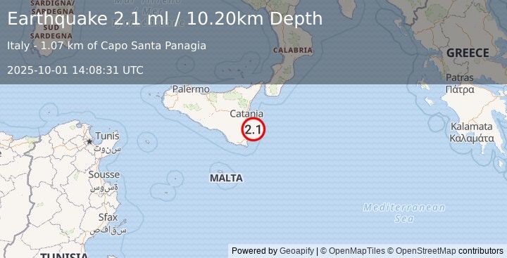 Earthquake SICILY, ITALY (2.1 ml) (2025-10-01 14:08:31 UTC)