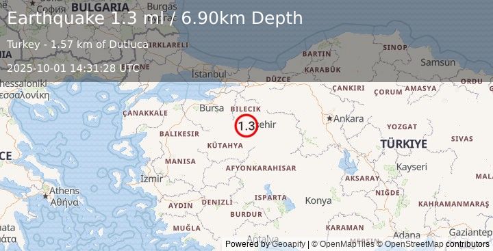 Earthquake WESTERN TURKEY (1.3 ml) (2025-10-01 14:31:28 UTC)