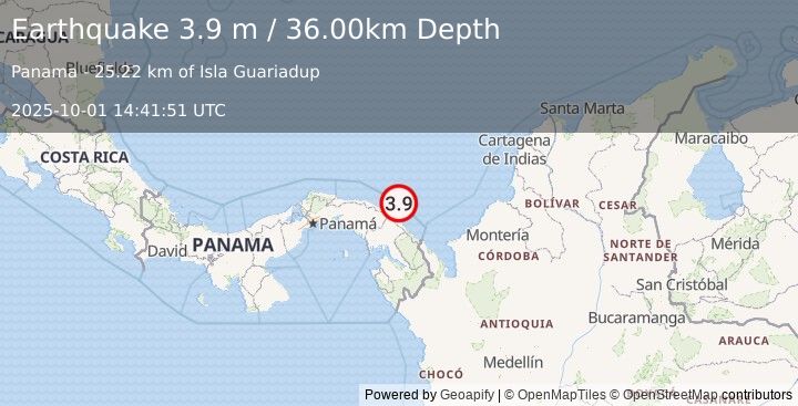 Earthquake NEAR NORTH COAST OF COLOMBIA (3.9 m) (2025-10-01 14:41:51 UTC)