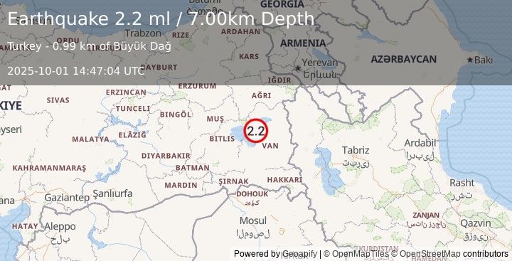 Earthquake EASTERN TURKEY (2.2 ml) (2025-10-01 14:47:04 UTC)