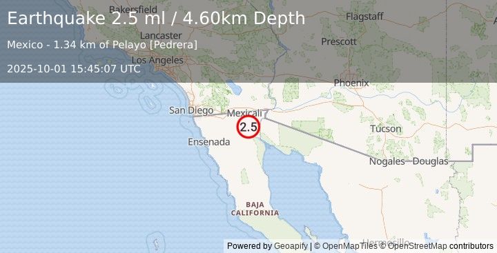 Earthquake BAJA CALIFORNIA, MEXICO (2.5 ml) (2025-10-01 15:45:06 UTC)
