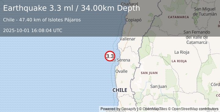 Earthquake OFFSHORE COQUIMBO, CHILE (3.3 ml) (2025-10-01 16:08:04 UTC)