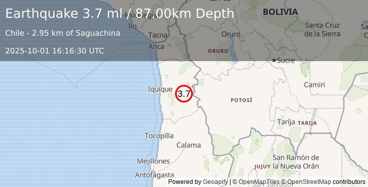 Earthquake TARAPACA, CHILE (3.7 ml) (2025-10-01 16:16:28 UTC)