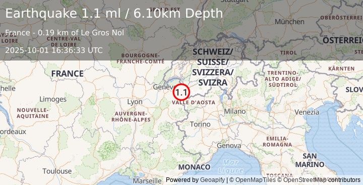 Earthquake FRANCE (1.1 ml) (2025-10-01 16:36:33 UTC)