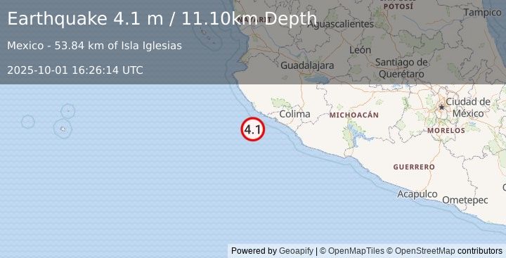 Earthquake OFFSHORE JALISCO, MEXICO (4.1 m) (2025-10-01 16:26:14 UTC)