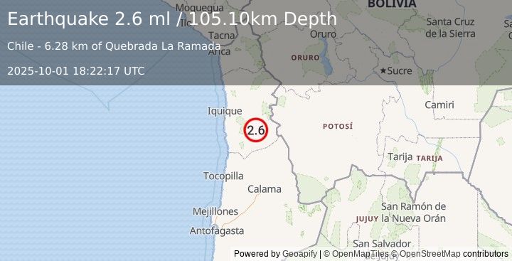 Earthquake TARAPACA, CHILE (2.6 ml) (2025-10-01 18:22:17 UTC)