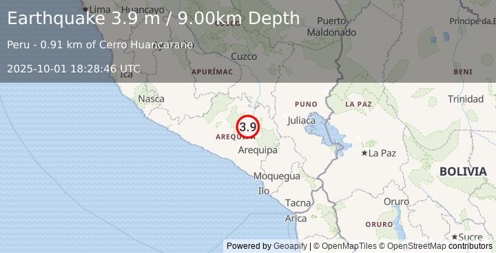 Earthquake SOUTHERN PERU (3.9 m) (2025-10-01 18:28:46 UTC)