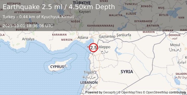 Earthquake TURKEY-SYRIA BORDER REGION (2.5 ml) (2025-10-01 18:36:07 UTC)