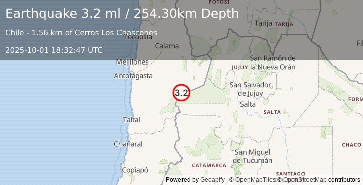 Earthquake ANTOFAGASTA, CHILE (3.2 ml) (2025-10-01 18:32:47 UTC)