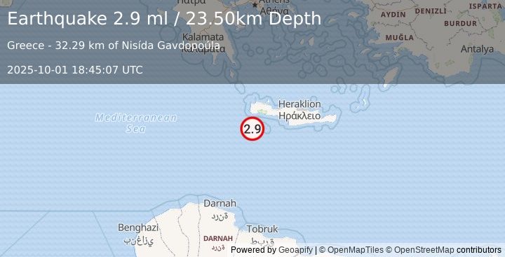 Earthquake CRETE, GREECE (2.9 ml) (2025-10-01 18:45:07 UTC)
