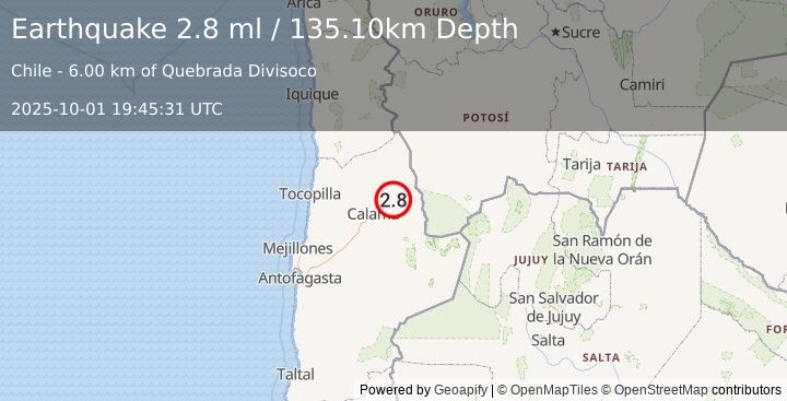 Earthquake ANTOFAGASTA, CHILE (2.8 ml) (2025-10-01 19:45:31 UTC)