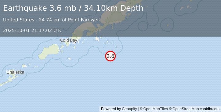 Earthquake SOUTH OF ALASKA (3.6 mb) (2025-10-01 21:17:02 UTC)