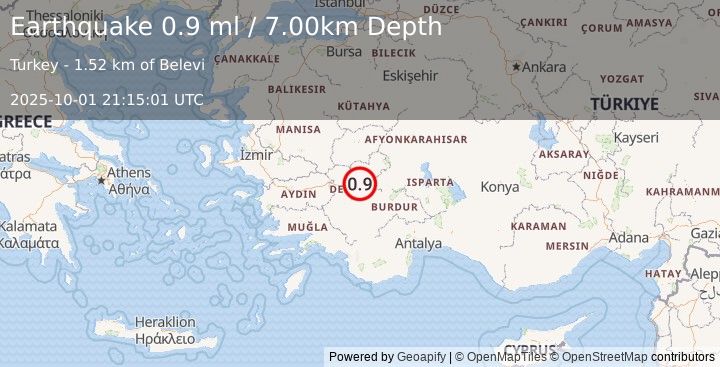 Earthquake WESTERN TURKEY (0.9 ml) (2025-10-01 21:15:01 UTC)