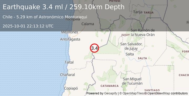 Earthquake ANTOFAGASTA, CHILE (3.4 ml) (2025-10-01 22:13:12 UTC)