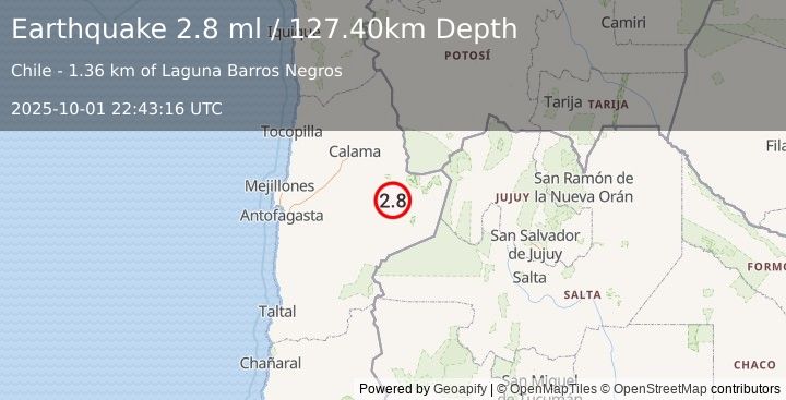 Earthquake ANTOFAGASTA, CHILE (2.8 ml) (2025-10-01 22:43:16 UTC)