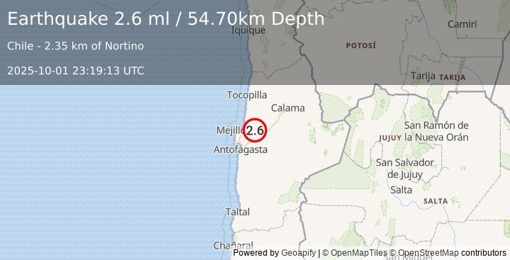 Earthquake ANTOFAGASTA, CHILE (2.6 ml) (2025-10-01 23:19:13 UTC)