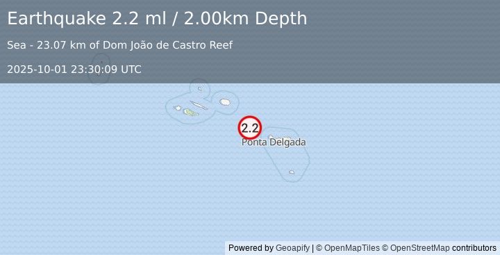 Earthquake AZORES ISLANDS, PORTUGAL (2.2 ml) (2025-10-01 23:30:09 UTC)